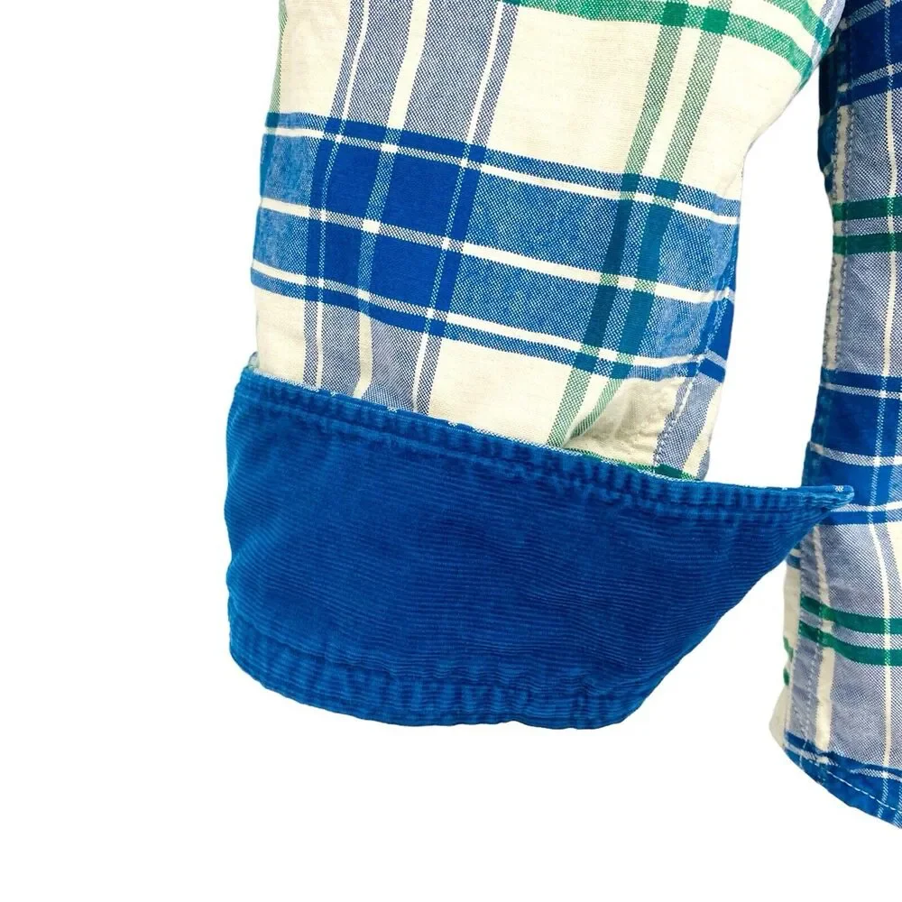 Banana Republic‎ Oxford Slim Fit Blue Green Plaid Corduroy Trim Mens Shirt M